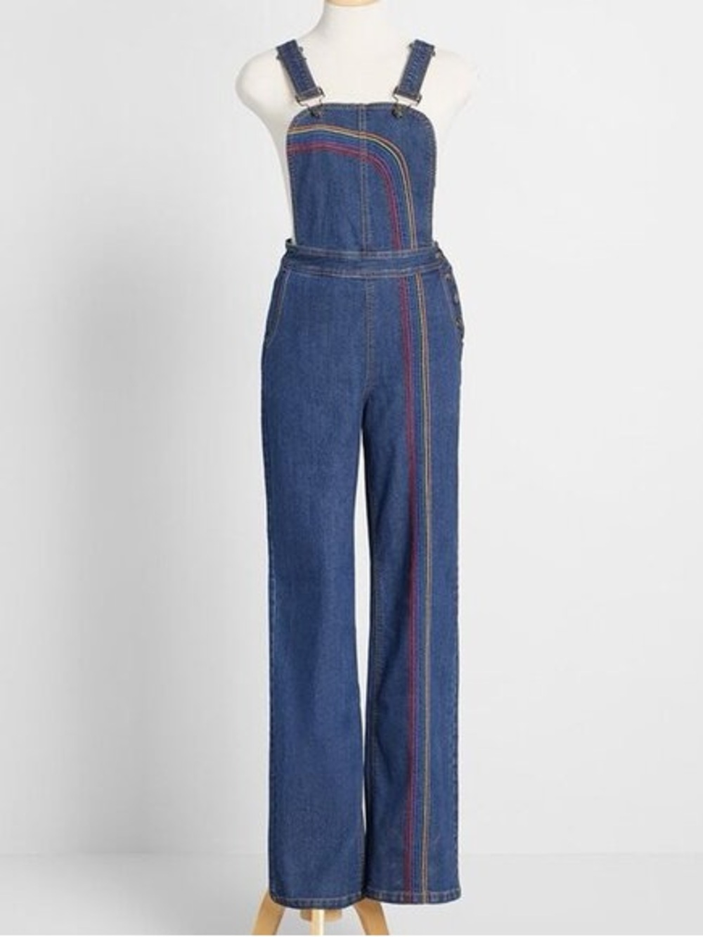 ModCloth Blue Denim Overalls with Multicolor Side Stripes